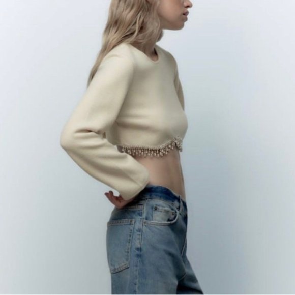 Zara Soft Ribbed Fuzzy Cropped Sweatshirt Top with Hanging Rhinestone Detail - Picture 9 of 15